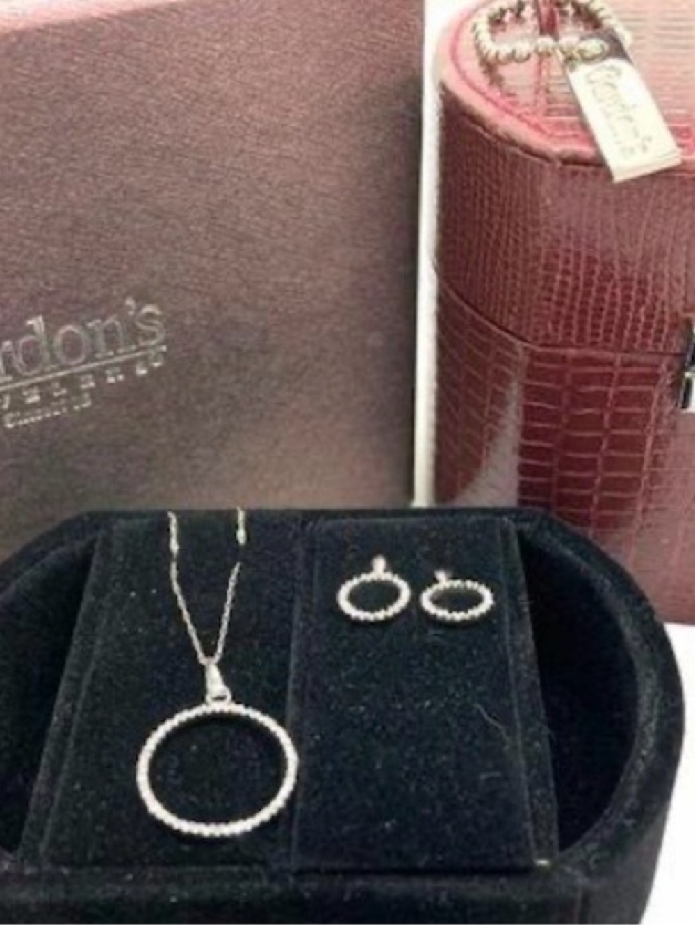 Gordon's 10K White
Gold Diamond Circle
Necklace and
Earrings Set W/Case